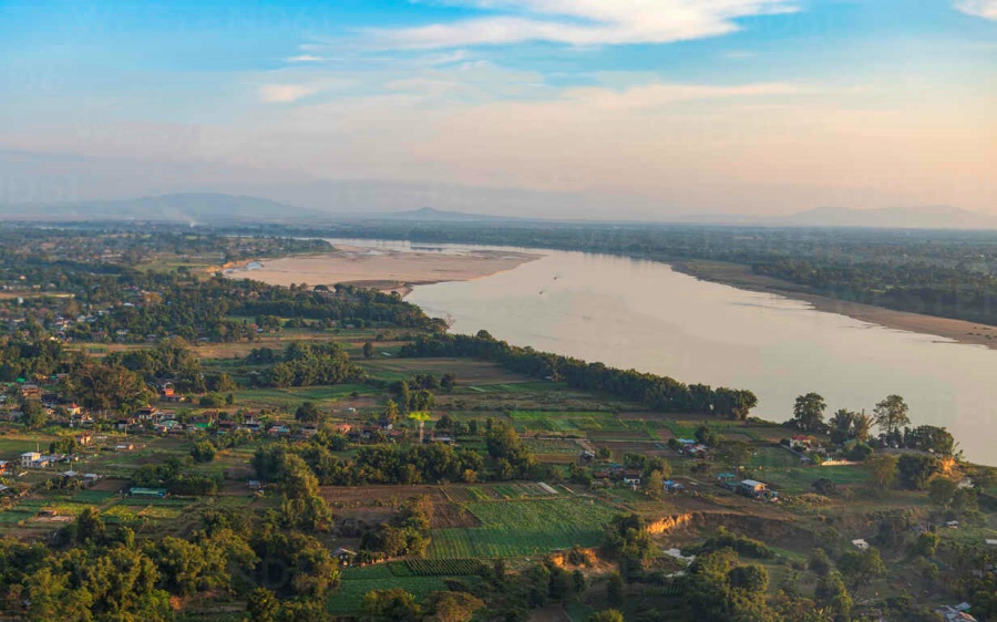 Aerial of the Irrawaddy river in Myitkyina, Kachin state, Myanmar