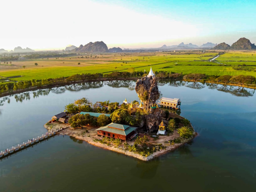 Aerial of the Kyauk Kalap pagoda, Hpa-An, Kayin state, Myanmar
